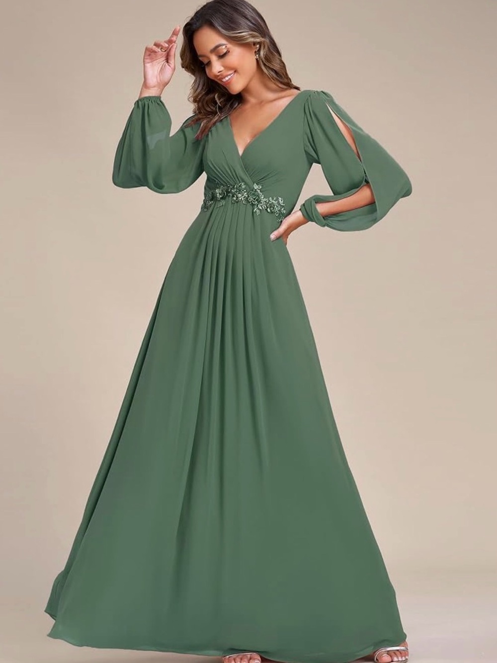 Ever Pretty v-Neck Olive Green Long Sleeve Chiffon Evening Gown NWT